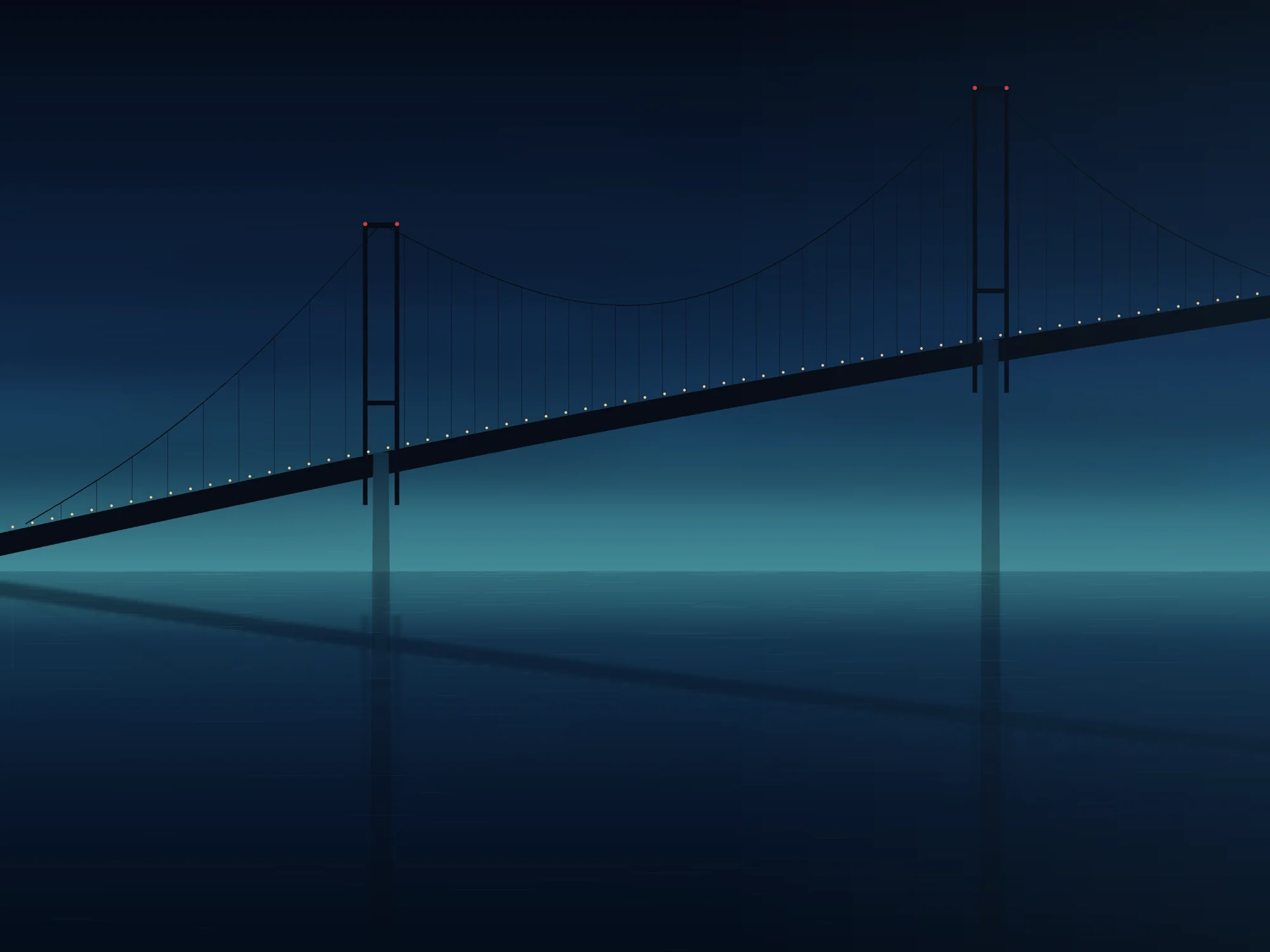 A large illuminated suspension bridge over the sea at dusk, stretching from lower-left to upper-right